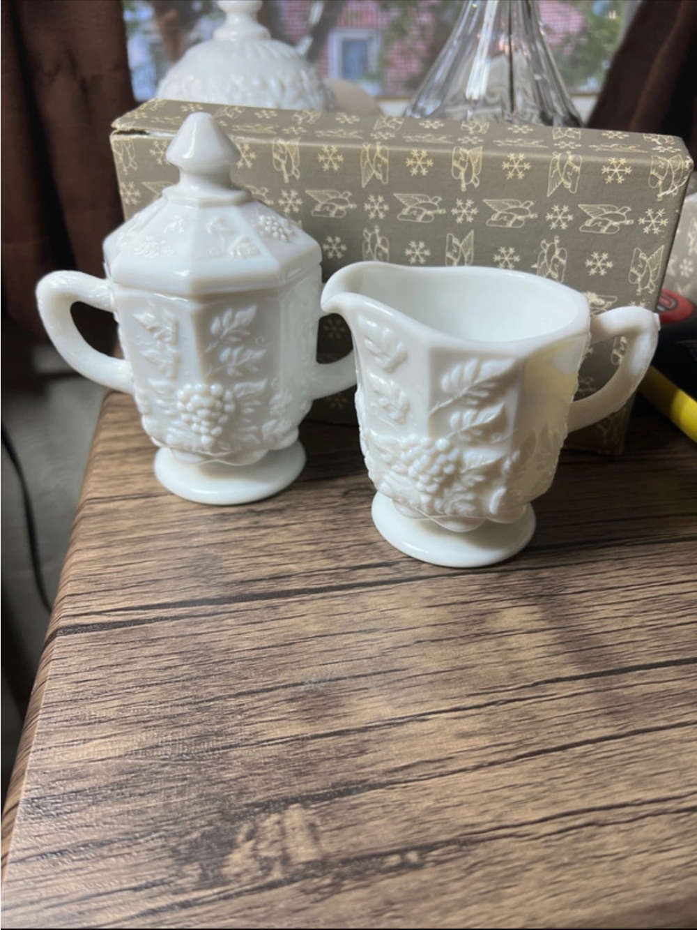 White Milk Glass Creamer and Sugar Set - Elegant Floral Pattern